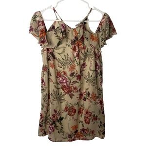 AS U WISH Floral Cold Shoulder Ruffle Dress Beige Pink Purple Orange Size S